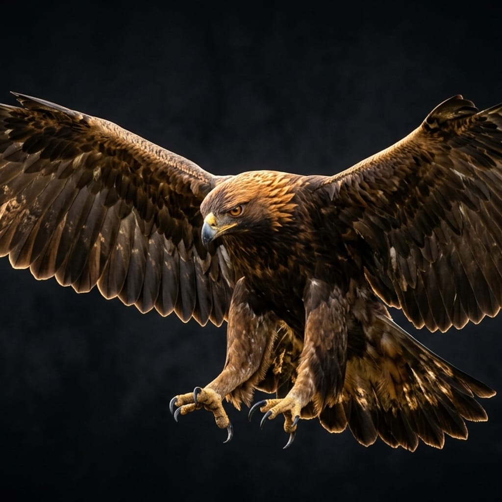 Golden eagle in flight with spread wings, emblem of vision and bravery
