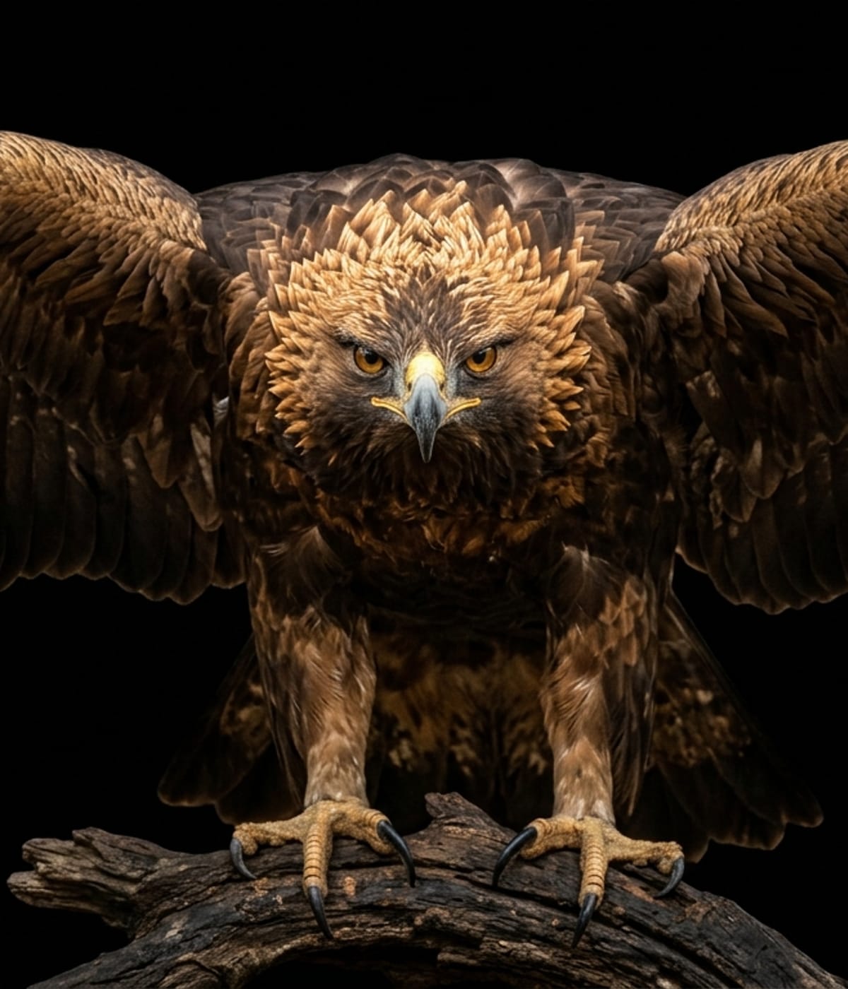 Majestic golden eagle with sharp gaze and spread wings, symbolizing vision and foresight in financial research