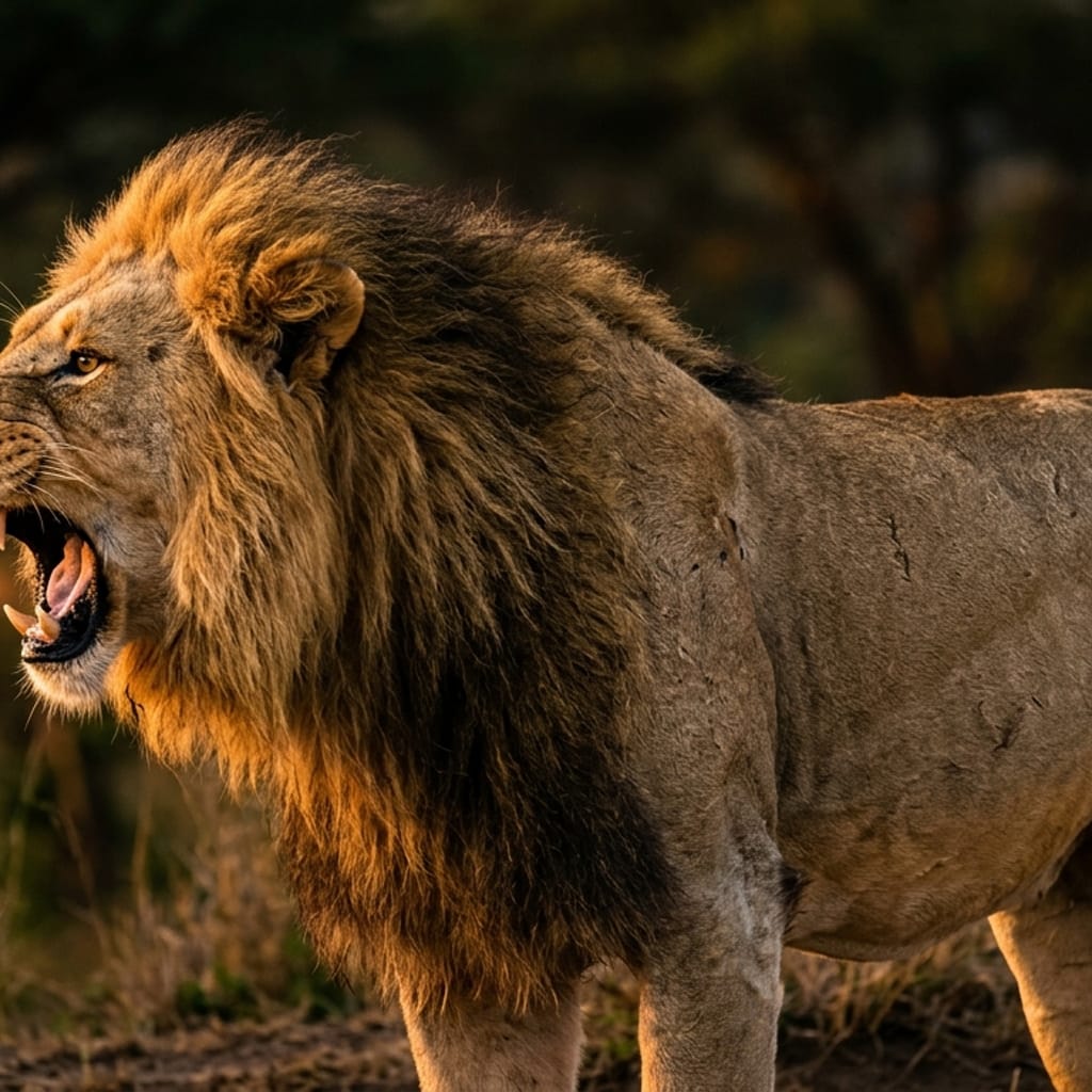 Majestic lion roaring in profile with a golden mane, emblem of courage and leadership
